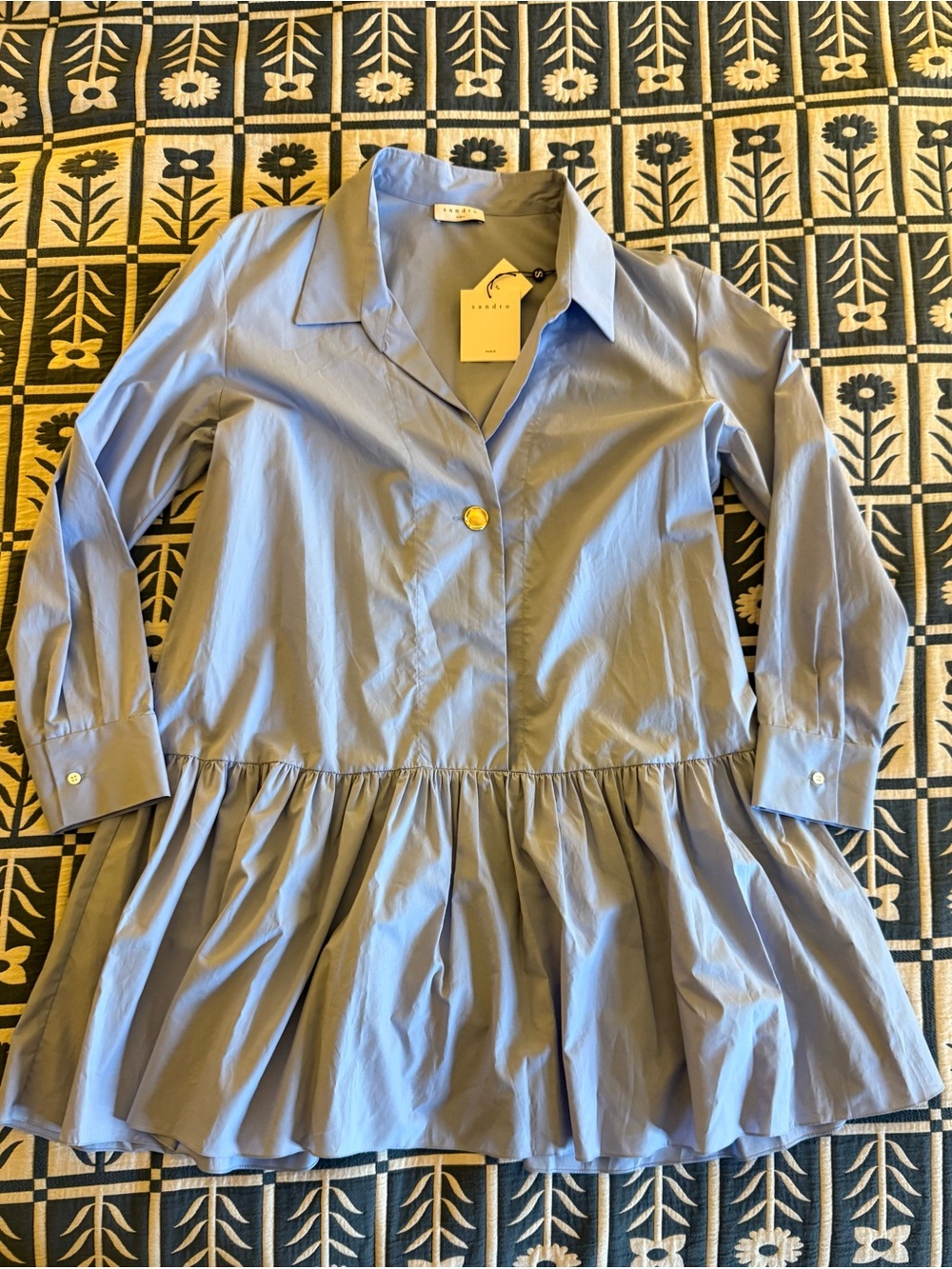 NWT Sandro Cordelia Pleated Drop Waist Shirt Dress Blue FR 40 US 8